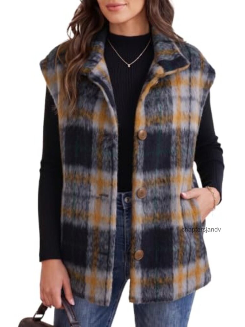 Plaid Vest Tops for Women Cap Sleeve Button Front Polyester Vests